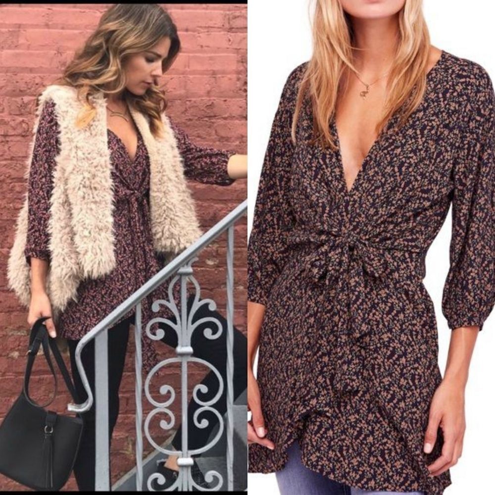 𝅺FREE People Clara Floral Tie-Waist Black Tunic NWT